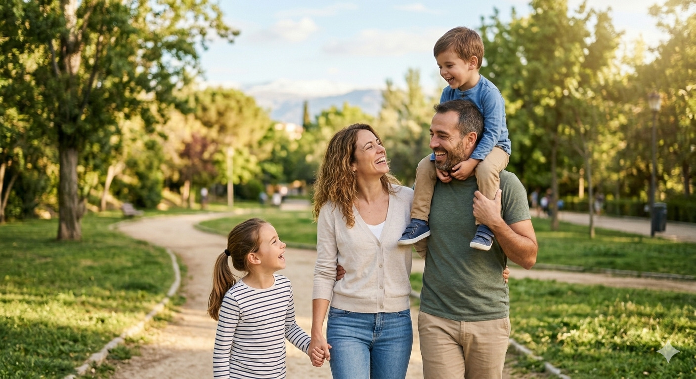 Una familia feliz y saludable de cuatro personas (padre, madre y dos hijos) abrazada y sonriendo en un parque soleado en Granada, simbolizando la tranquilidad y protección que ofrece un buen seguro médico privado.