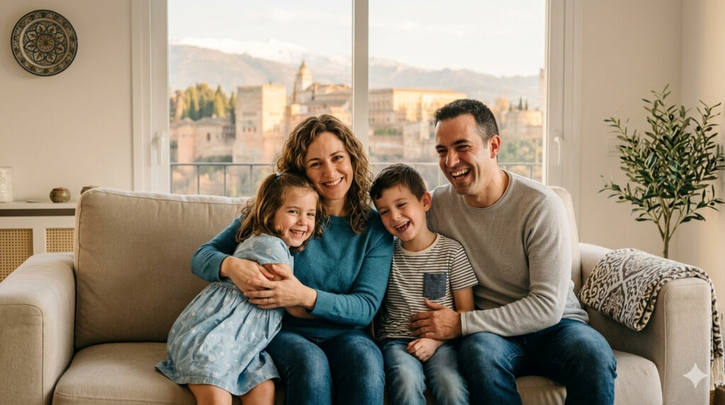 Familia feliz y protegida en su hogar de Granada disfrutando de la tranquilidad de contar con el mejor seguro de salud familiar.