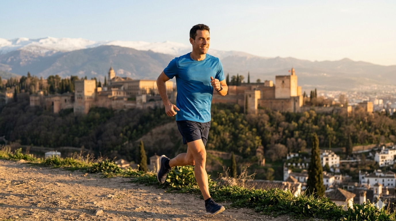 Hombre deportista corriendo por senderos de Granada con vistas a la Alhambra y Sierra Nevada, protegido por su seguro de salud Adeslas.